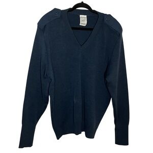 Logistik Unicorp Mens Navy Blue 100% Wool‎ V-Neck Military Sweater Epaulettes L